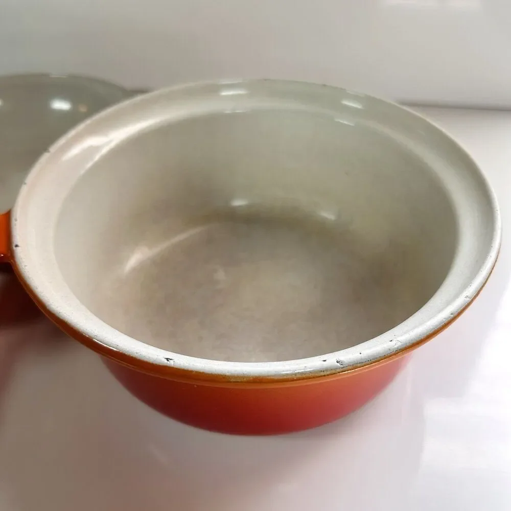 Vintage Descoware Enameled Cast Iron Flame-Orange Saucepan And Skillet-Lid Combo